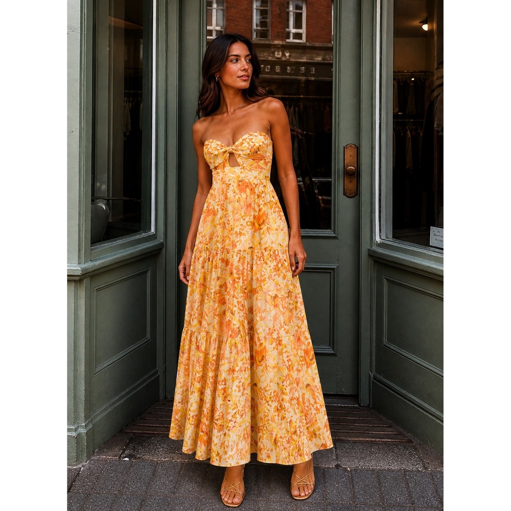 Zimmermann Raie Strapless Tiered Floral Yellow Cotton Maxi Dress Dress 0P US 2P - Picture 2 of 11